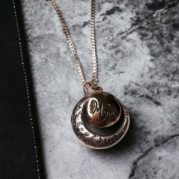 Silver Mom Two Tone Crescent Moon w/ Heart Necklace Gift For Mom - Picture 2 of 4